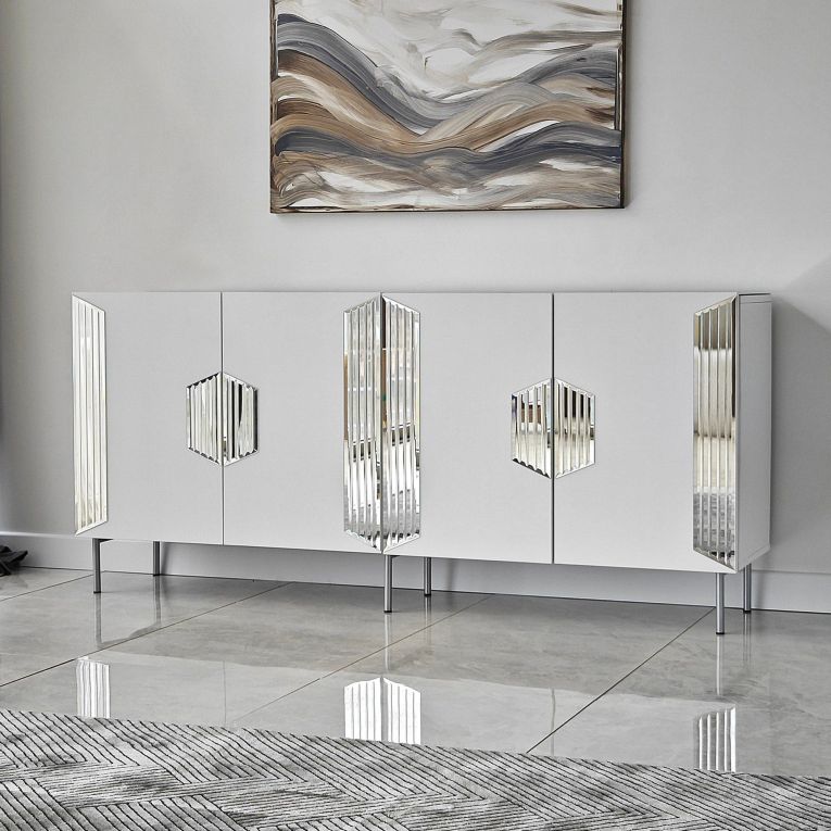 Credenza Bianco Argento 4 Ripiani 4 Ante 180x40x80h cm, 8 Vani - Trigolo