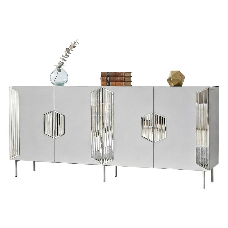 Credenza Bianco Argento 4 Ripiani 4 Ante 180x40x80h cm, 8 Vani - Trigolo