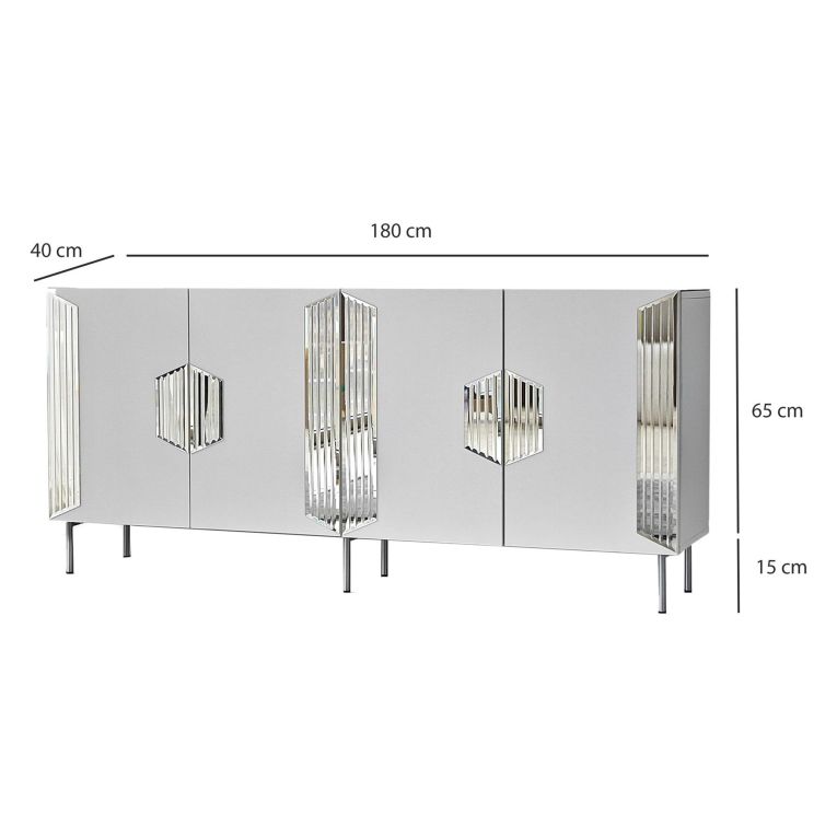 Credenza Bianco Argento 4 Ripiani 4 Ante 180x40x80h cm, 8 Vani - Trigolo