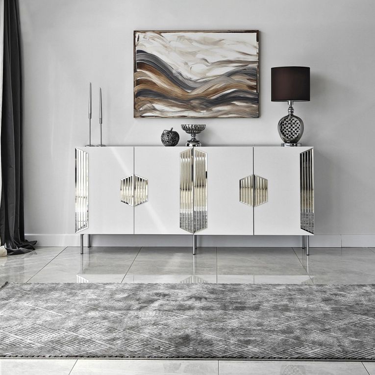 Credenza Bianco Argento 4 Ripiani 4 Ante 180x40x80h cm, 8 Vani - Trigolo