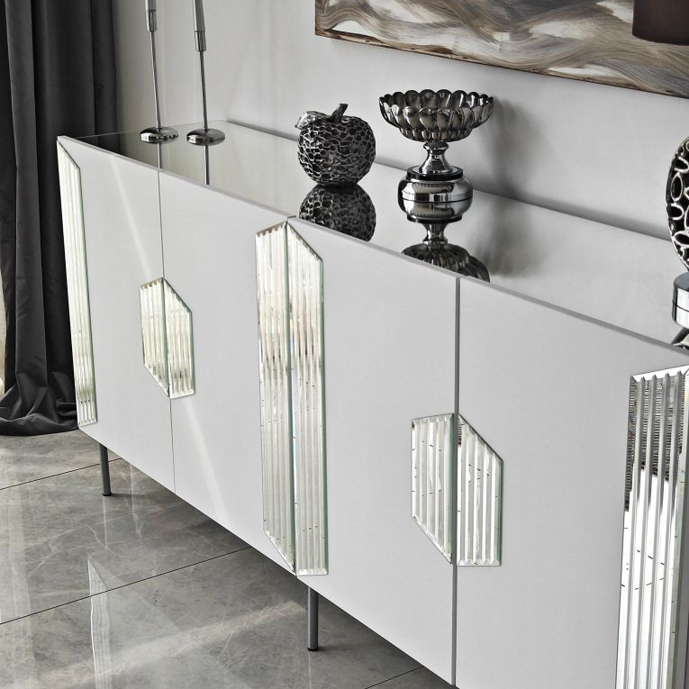 Credenza Bianco Argento 4 Ripiani 4 Ante 180x40x80h cm, 8 Vani - Trigolo