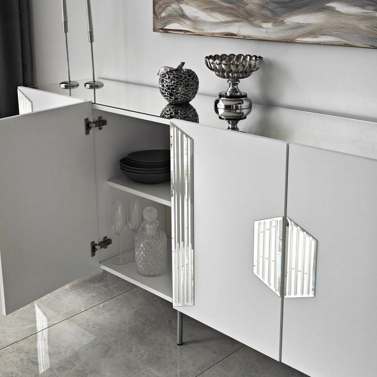 Credenza Bianco Argento 4 Ripiani 4 Ante 180x40x80h cm, 8 Vani - Trigolo