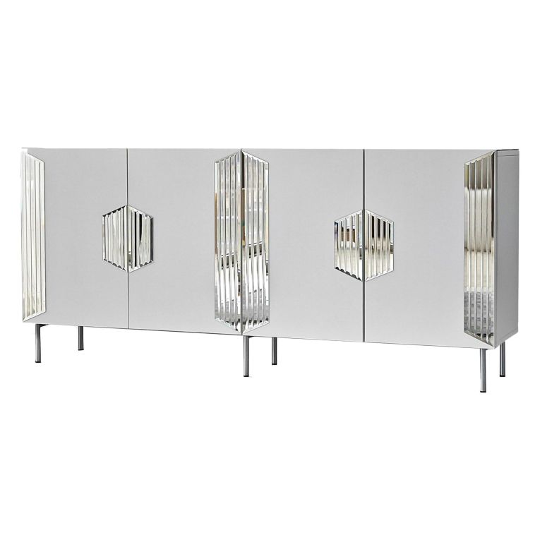 Credenza Bianco Argento 4 Ripiani 4 Ante 180x40x80h cm, 8 Vani - Trigolo