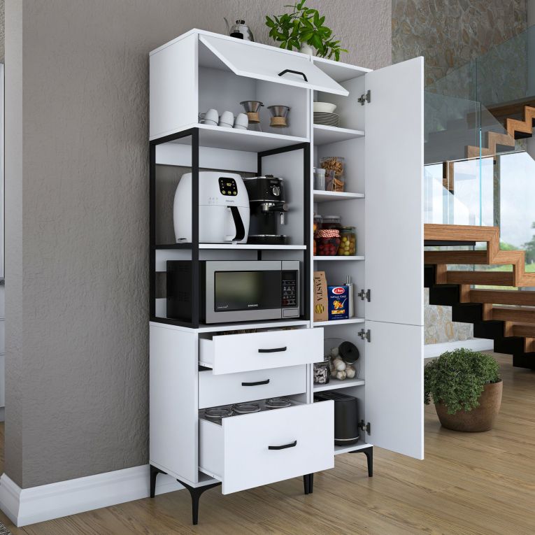 Credenza Bianco Bianco 8 Ripiani 3 Cassetti 100x40x199h cm, 2 Ante - Lotzorai