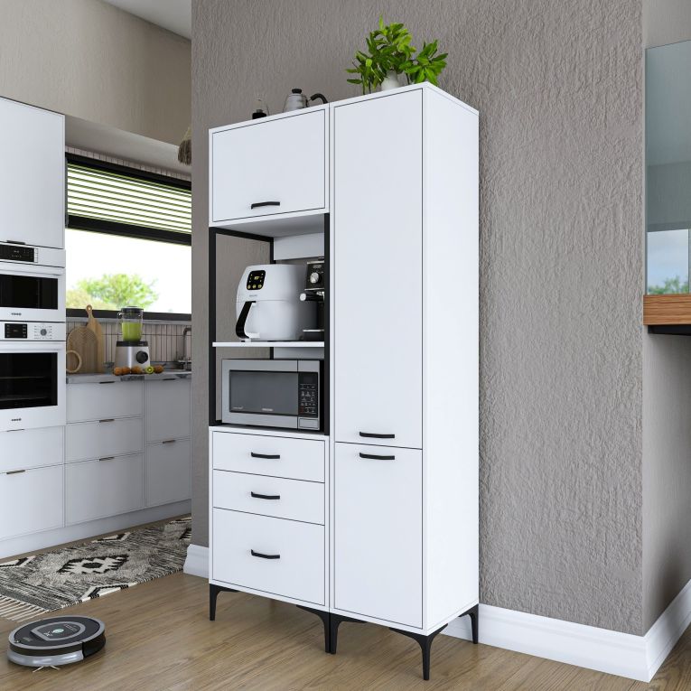 Credenza Bianco Bianco 8 Ripiani 3 Cassetti 100x40x199h cm, 2 Ante - Lotzorai