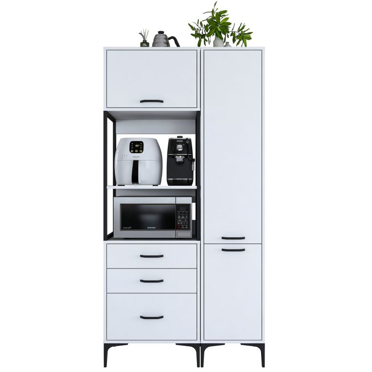 Credenza Bianco Bianco 8 Ripiani 3 Cassetti 100x40x199h cm, 2 Ante - Lotzorai