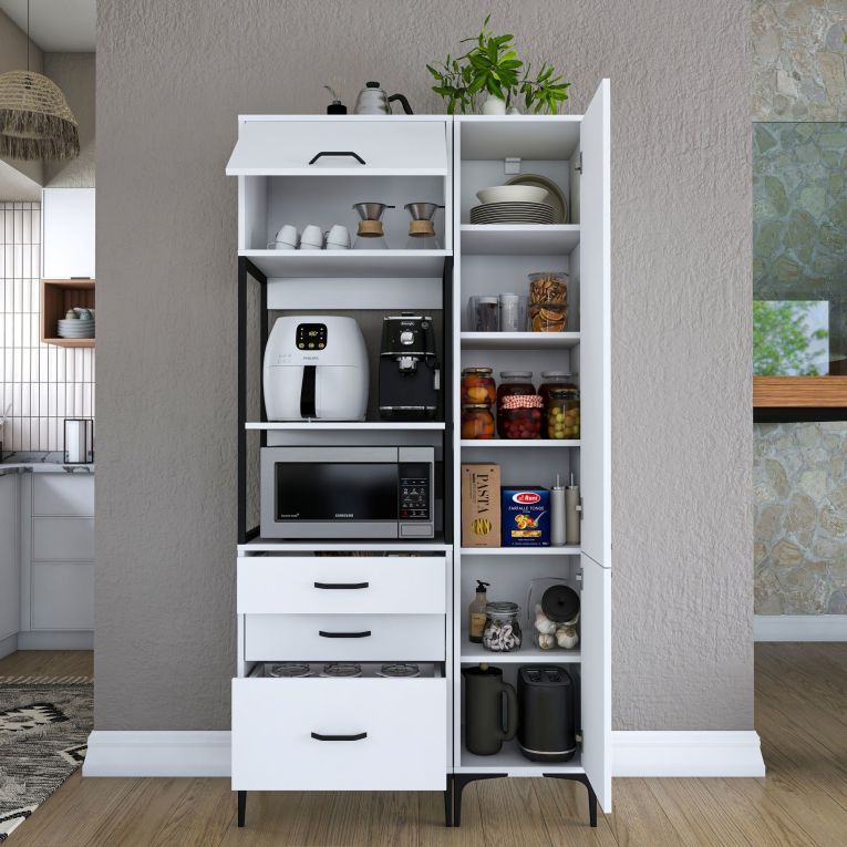 Credenza Bianco Bianco 8 Ripiani 3 Cassetti 100x40x199h cm, 2 Ante - Lotzorai