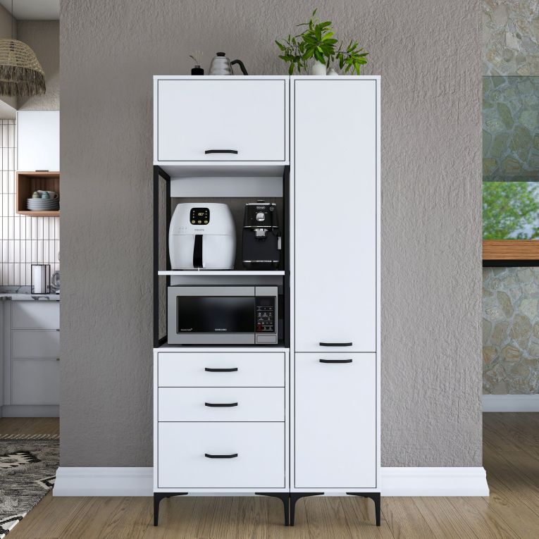 Credenza Bianco Bianco 8 Ripiani 3 Cassetti 100x40x199h cm, 2 Ante - Lotzorai