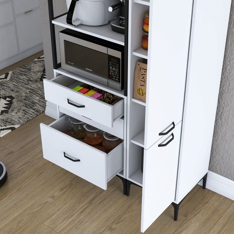Credenza Bianco Bianco 8 Ripiani 3 Cassetti 100x40x199h cm, 2 Ante - Lotzorai