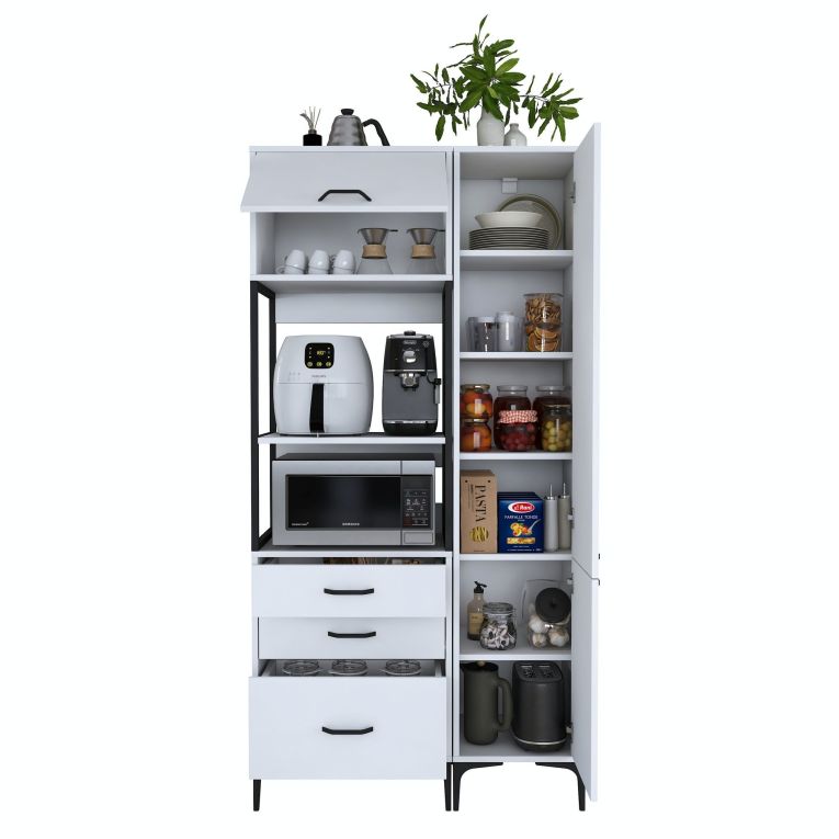 Credenza Bianco Bianco 8 Ripiani 3 Cassetti 100x40x199h cm, 2 Ante - Lotzorai