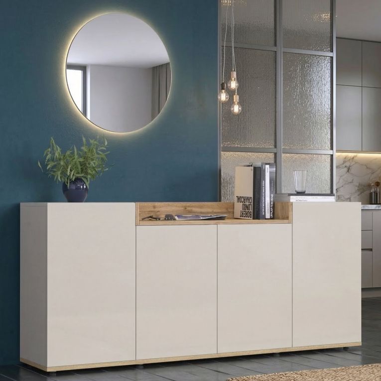 Credenza Bianco Cashmere Marrone Rovere Chiaro 6 Ripiani Apertura Battente 160x35x70h cm, 4 Ante Made in Italy - Swink