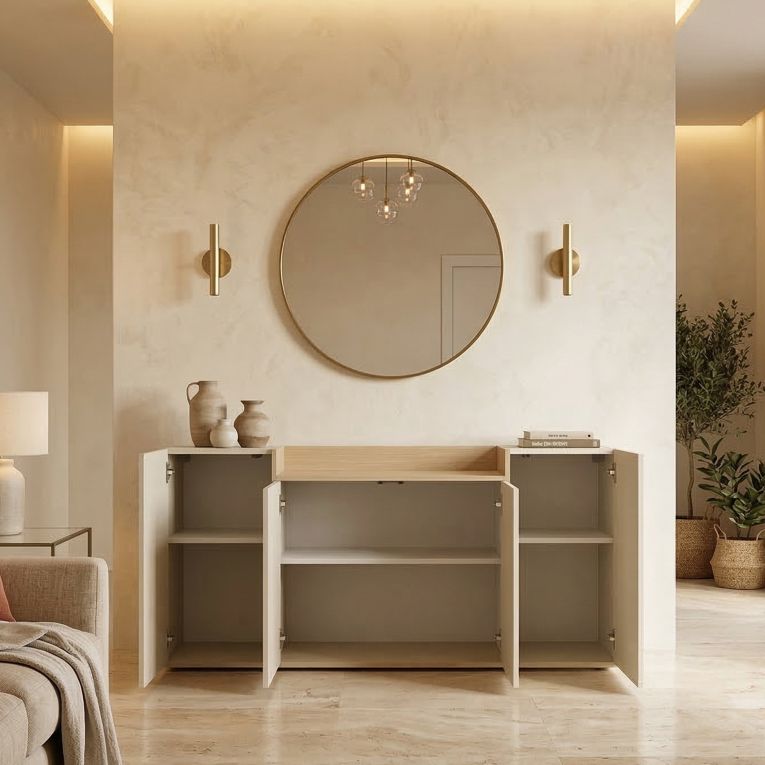 Credenza Bianco Cashmere Marrone Rovere Chiaro 6 Ripiani Apertura Battente 160x35x70h cm, 4 Ante Made in Italy - Swink