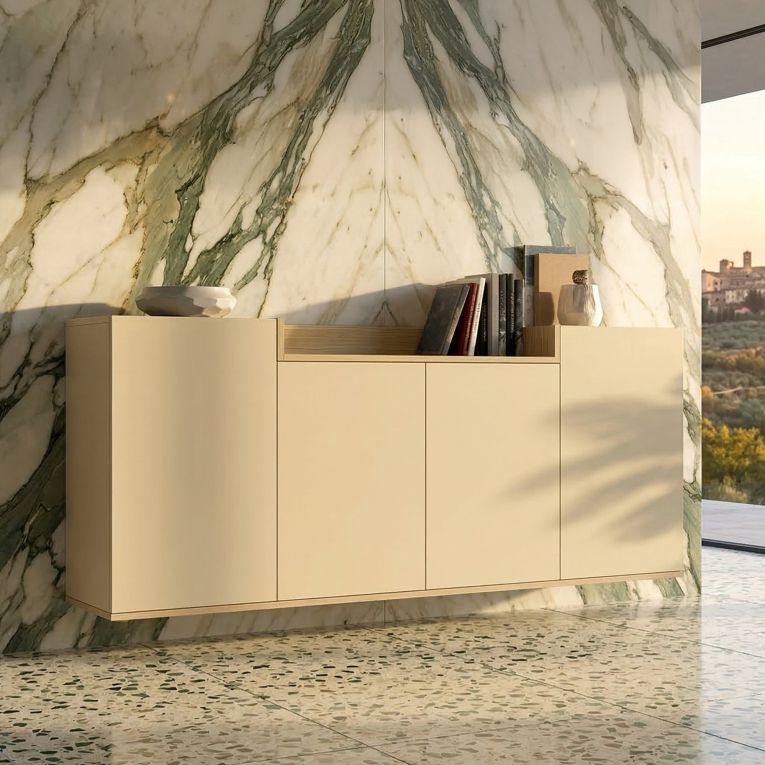 Credenza Bianco Cashmere Marrone Rovere Chiaro 6 Ripiani Apertura Battente 160x35x70h cm, 4 Ante Made in Italy - Swink