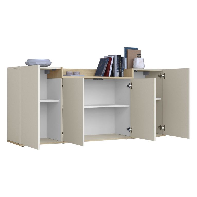 Credenza Bianco Cashmere Marrone Rovere Chiaro 6 Ripiani Apertura Battente 160x35x70h cm, 4 Ante Made in Italy - Swink