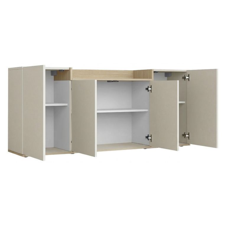 Credenza Bianco Cashmere Marrone Rovere Chiaro 6 Ripiani Apertura Battente 160x35x70h cm, 4 Ante Made in Italy - Swink