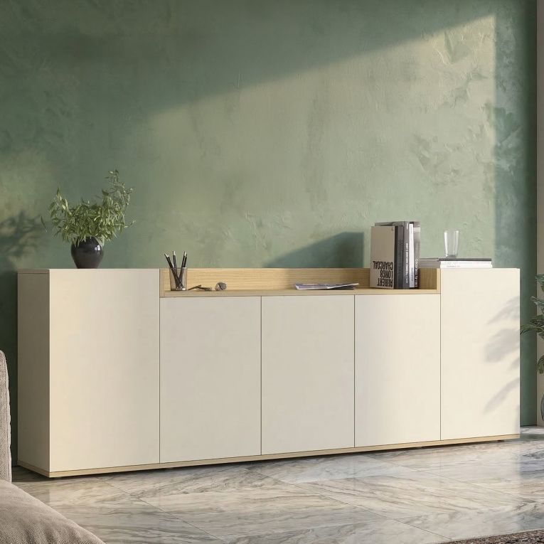 Credenza Bianco Cashmere Marrone Rovere Chiaro 7 Ripiani Apertura Battente 200x35x70h cm, 5 Ante Made in Italy - Cordele