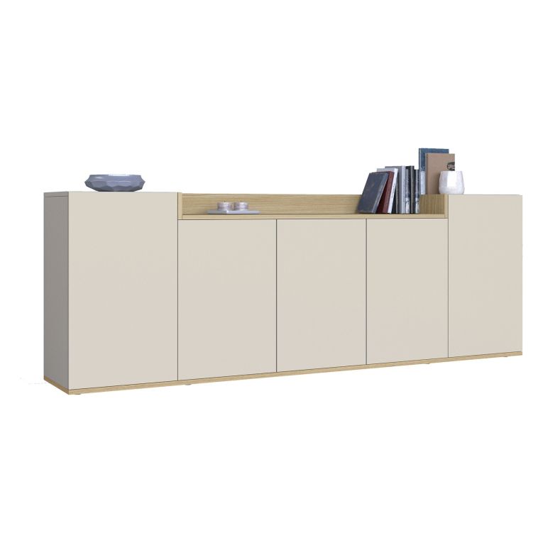 Credenza Bianco Cashmere Marrone Rovere Chiaro 7 Ripiani Apertura Battente 200x35x70h cm, 5 Ante Made in Italy - Cordele