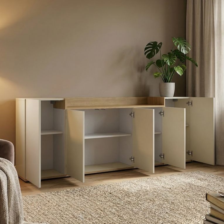 Credenza Bianco Cashmere Marrone Rovere Chiaro 7 Ripiani Apertura Battente 200x35x70h cm, 5 Ante Made in Italy - Cordele