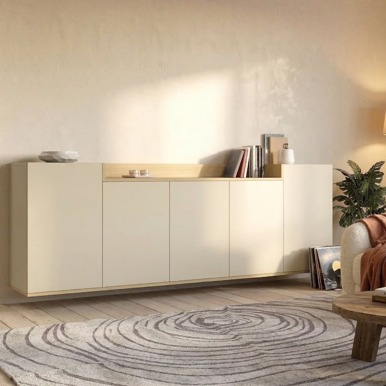 Credenza Bianco Cashmere Marrone Rovere Chiaro 7 Ripiani Apertura Battente 200x35x70h cm, 5 Ante Made in Italy - Cordele