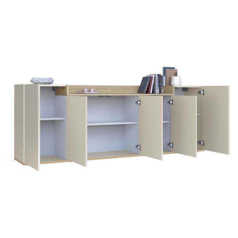 Credenza Bianco Cashmere Marrone Rovere Chiaro 7 Ripiani Apertura Battente 200x35x70h cm, 5 Ante Made in Italy - Cordele