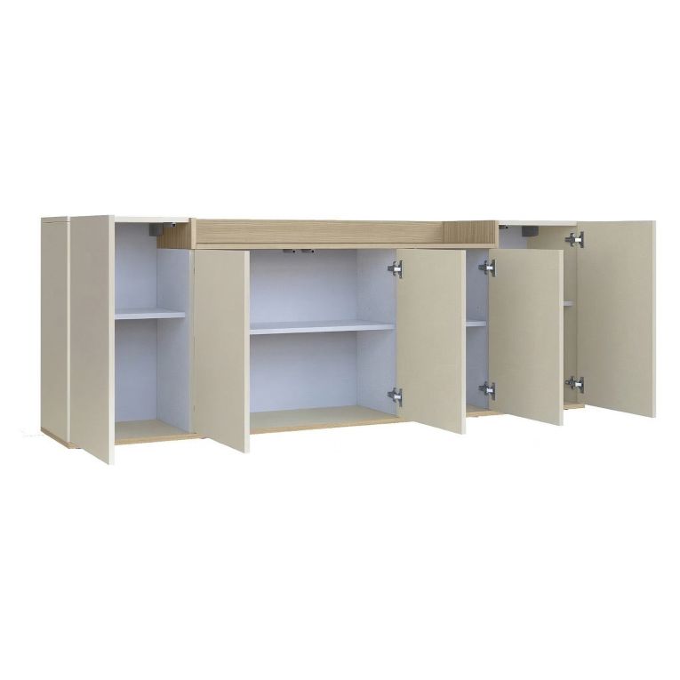 Credenza Bianco Cashmere Marrone Rovere Chiaro 7 Ripiani Apertura Battente 200x35x70h cm, 5 Ante Made in Italy - Cordele