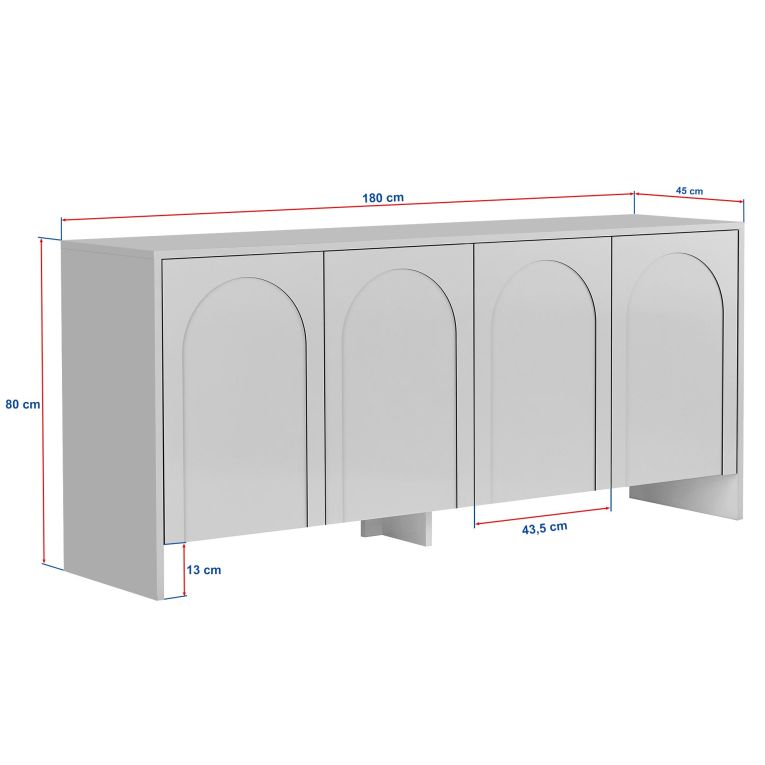 Credenza Bianco Crema 2 Ripiani 4 Ante 180x45x80h cm, 6 Vani - Nomesi