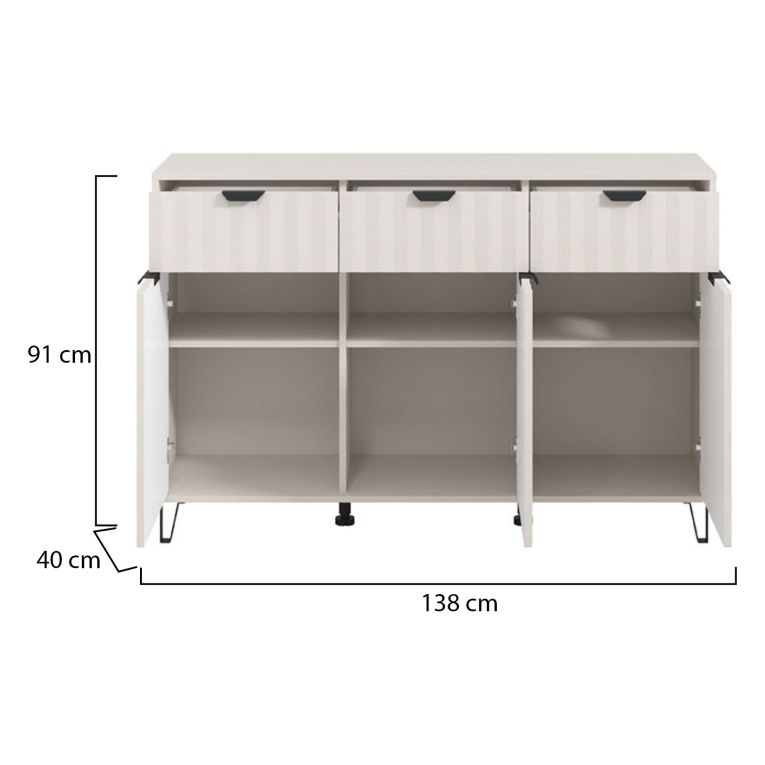 Credenza Bianco Crema 3 Ripiani 3 Cassetti 138x40x90.5h cm, 6 Vani - Paglieta