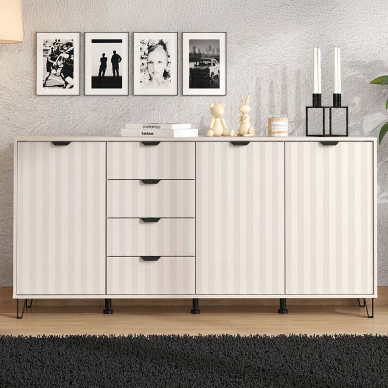Credenza Bianco Crema 3 Ripiani 4 Cassetti 182.5x40x90.5h cm, 6 Vani - Paglieta