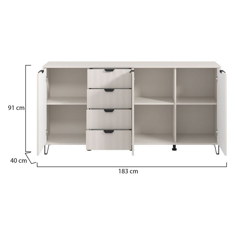 Credenza Bianco Crema 3 Ripiani 4 Cassetti 182.5x40x90.5h cm, 6 Vani - Paglieta