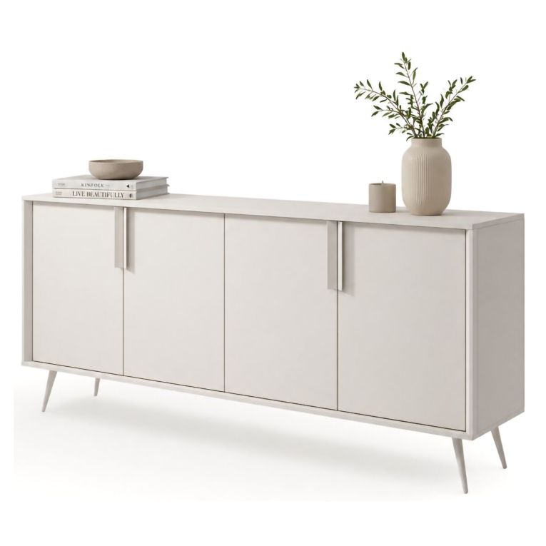 Credenza Bianco Crema 4 Ripiani con Piedini 110x40x78h cm, 8 Vani - Harero
