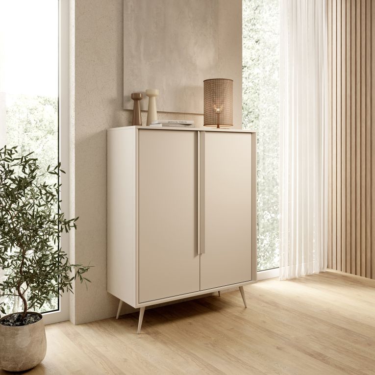 Credenza Bianco Crema 4 Ripiani con Piedini 97x40x126h cm, 6 Vani - Harenoma