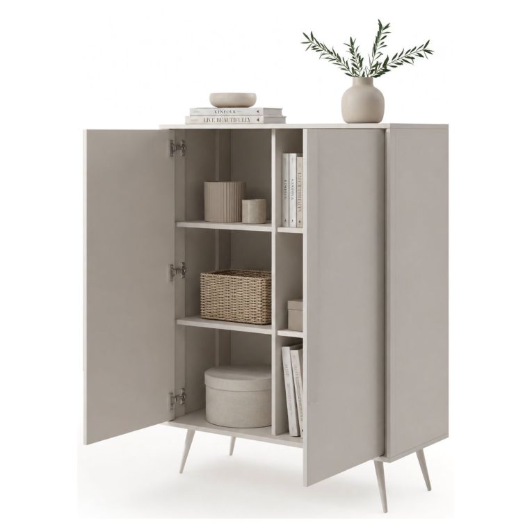Credenza Bianco Crema 4 Ripiani con Piedini 97x40x126h cm, 6 Vani - Harenoma