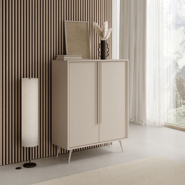 Credenza Bianco Crema 4 Ripiani con Piedini 97x40x126h cm, 6 Vani - Harenoma