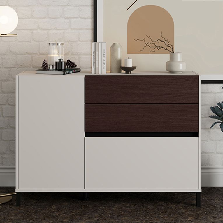 Credenza Bianco Crema Marrone Noce 2 Ripiani 3 Cassetti 125x40x92h cm, Un'anta - Sideme