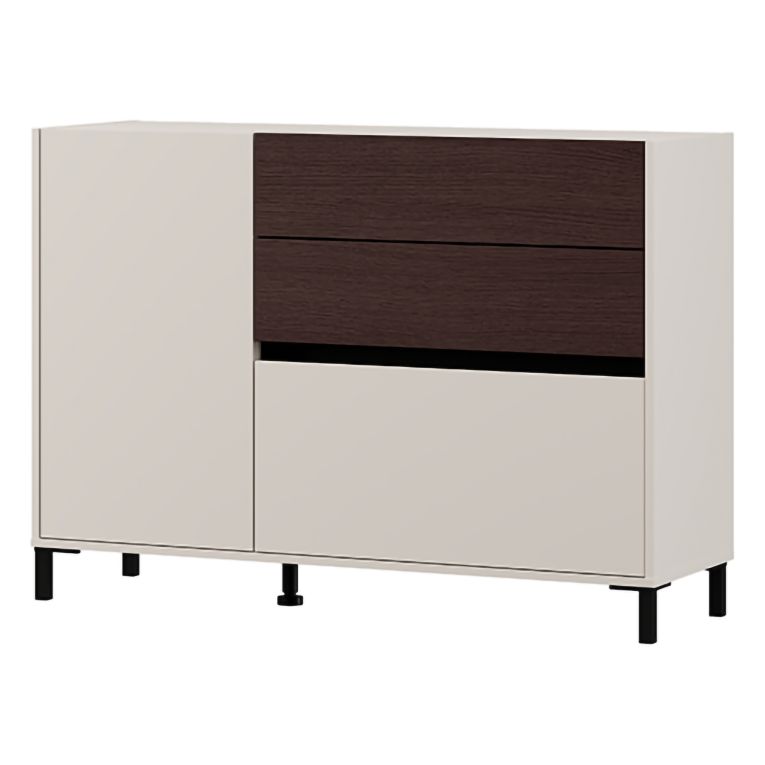 Credenza Bianco Crema Marrone Noce 2 Ripiani 3 Cassetti 125x40x92h cm, Un'anta - Sideme