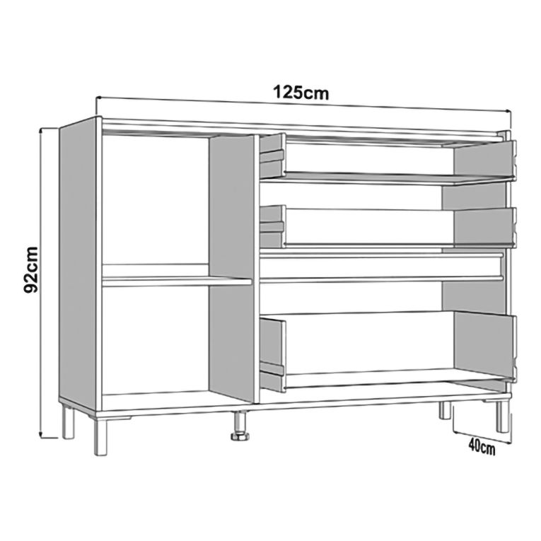 Credenza Bianco Crema Marrone Noce 2 Ripiani 3 Cassetti 125x40x92h cm, Un'anta - Sideme