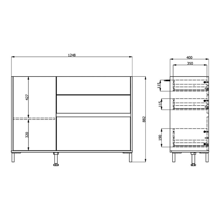 Credenza Bianco Crema Marrone Noce 2 Ripiani 3 Cassetti 125x40x92h cm, Un'anta - Sideme