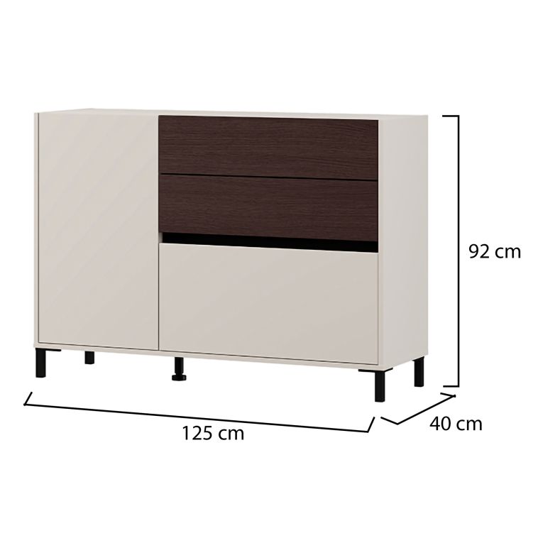 Credenza Bianco Crema Marrone Noce 2 Ripiani 3 Cassetti 125x40x92h cm, Un'anta - Sideme