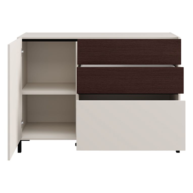 Credenza Bianco Crema Marrone Noce 2 Ripiani 3 Cassetti 125x40x92h cm, Un'anta - Sideme
