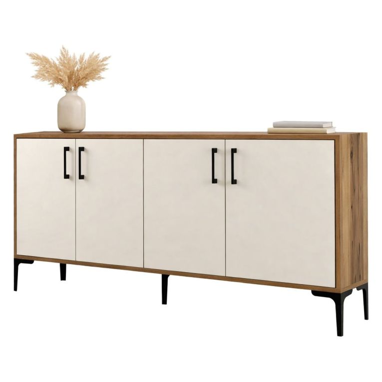 Credenza Bianco Crema Marrone Noce 2 Ripiani 4 Ante 160x35x78h cm, 4 Vani - Sinopoli