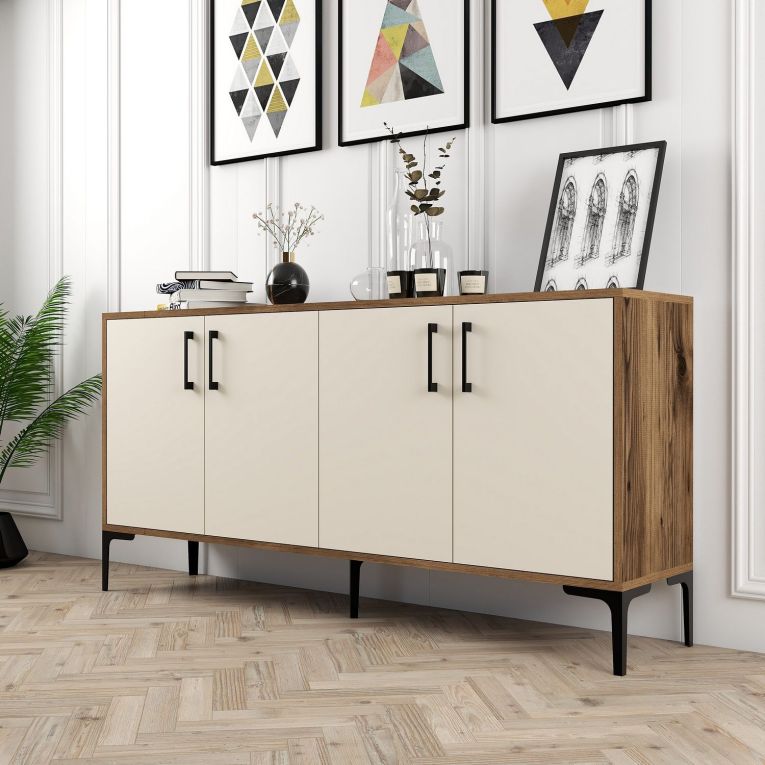 Credenza Bianco Crema Marrone Noce 2 Ripiani 4 Ante 160x35x78h cm, 4 Vani - Sinopoli