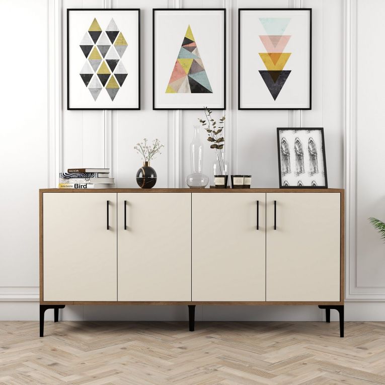 Credenza Bianco Crema Marrone Noce 2 Ripiani 4 Ante 160x35x78h cm, 4 Vani - Sinopoli
