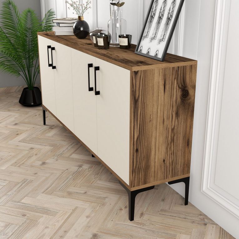 Credenza Bianco Crema Marrone Noce 2 Ripiani 4 Ante 160x35x78h cm, 4 Vani - Sinopoli
