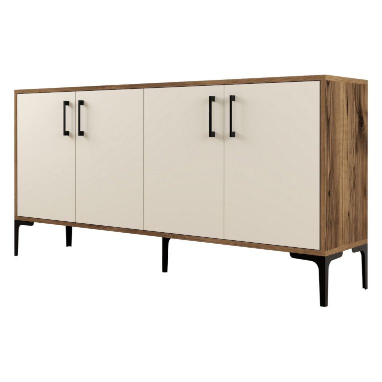 Credenza Bianco Crema Marrone Noce 2 Ripiani 4 Ante 160x35x78h cm, 4 Vani - Sinopoli