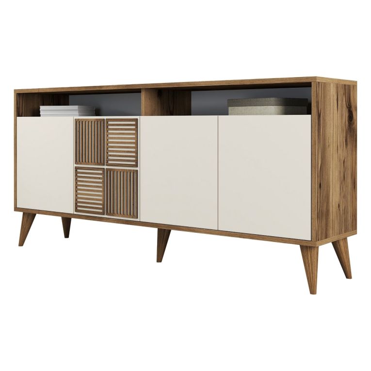 Credenza Bianco Crema Marrone Noce 2 Ripiani 4 Ante 160x35x78h cm, 6 Vani - Thuile