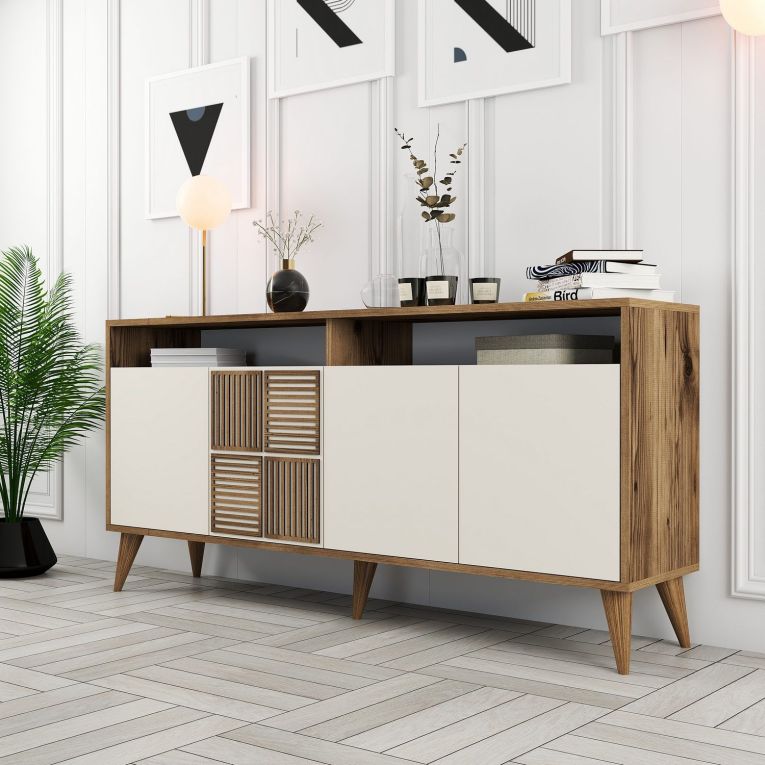 Credenza Bianco Crema Marrone Noce 2 Ripiani 4 Ante 160x35x78h cm, 6 Vani - Thuile