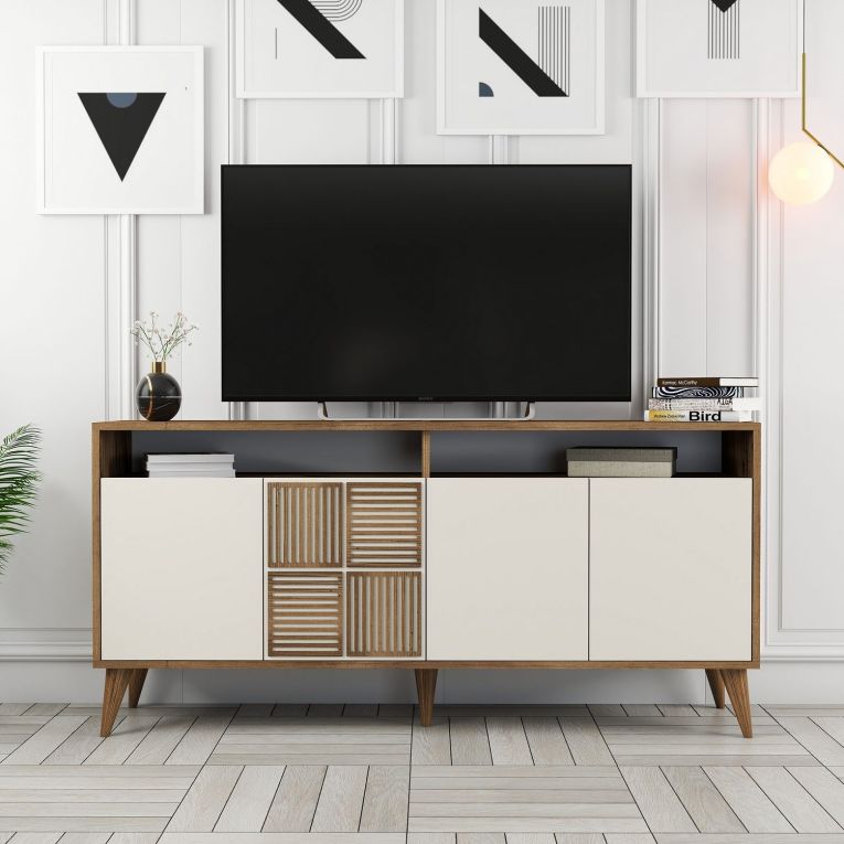 Credenza Bianco Crema Marrone Noce 2 Ripiani 4 Ante 160x35x78h cm, 6 Vani - Thuile