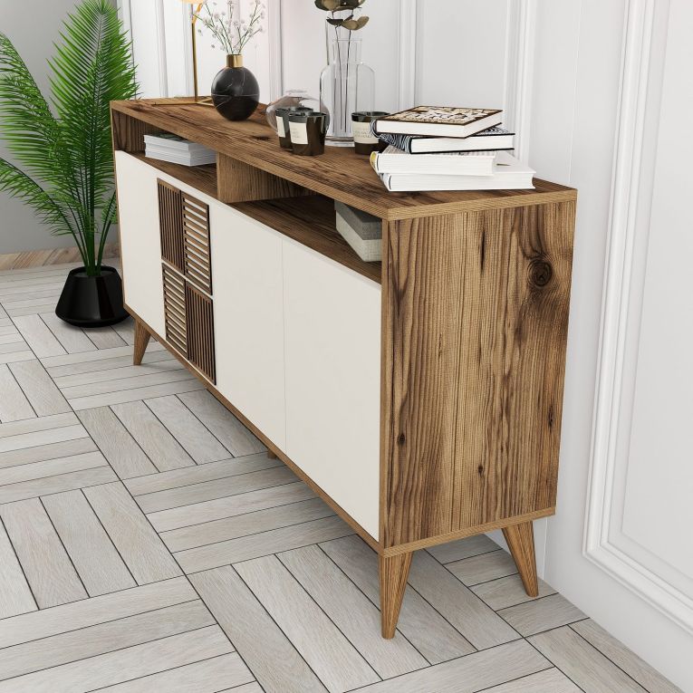 Credenza Bianco Crema Marrone Noce 2 Ripiani 4 Ante 160x35x78h cm, 6 Vani - Thuile