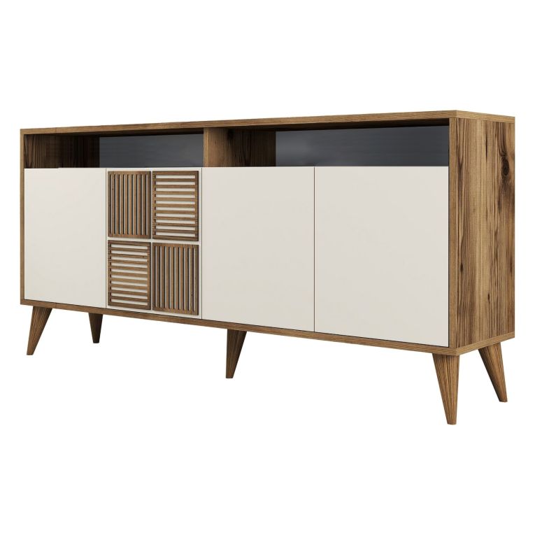 Credenza Bianco Crema Marrone Noce 2 Ripiani 4 Ante 160x35x78h cm, 6 Vani - Thuile