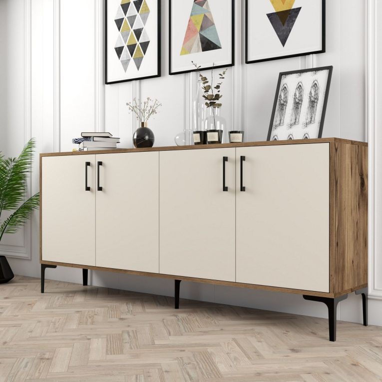 Credenza Bianco Crema Marrone Noce 2 Ripiani 4 Ante 180x35x78h cm, 4 Vani - Pollein